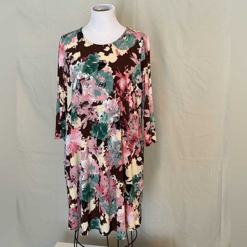 Dear Scarlett floral swing mini dress stretch medium brown pink yellow pockets m